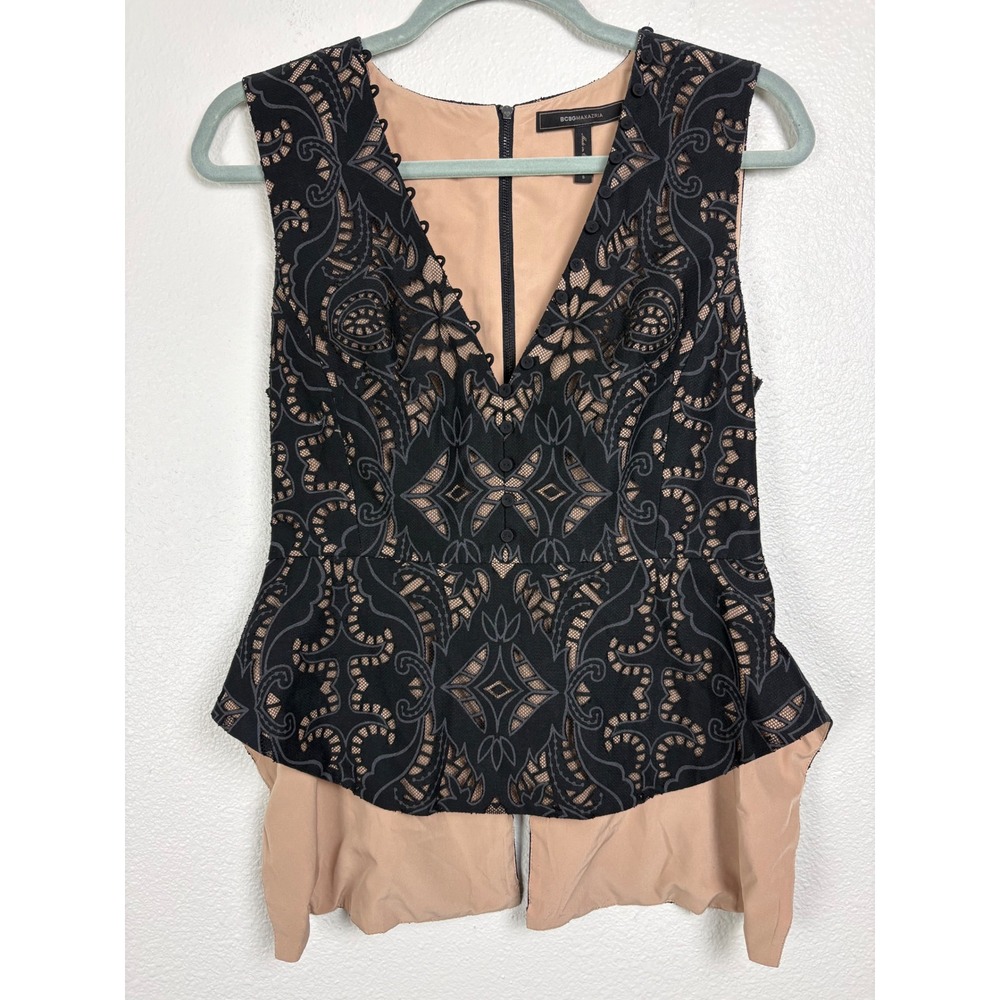 BCBGMAXAZRIA Black Lace Peplum Top S Victorian Gothic Romantic Dark Cottagecore